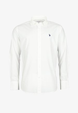 Weißes Button-Down-Hemd aus Baumwollmischung mit langen Ärmeln, spitzen Kragen und gesticktem Marine-Logo auf der linken Brust. Glatte Textur.