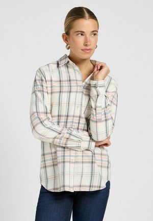 Checkered plaid shirt in cream with pastel pink, blue, and green lines, long sleeves, button-down front, and soft texture.