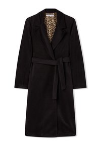 Cappotto nero avvolgente con colletto, maniche lunghe e cintura annodata. Fodera interna con motivo leopardato. Tessuto morbido, lunghezza al ginocchio.