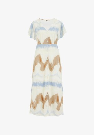 Rochie maxi cu decolteu în V, mâneci scurte și volanate și închidere cu nasturi. Prezintă un model ondulat tie-dye în nuanțe de bej, albastru și crem.