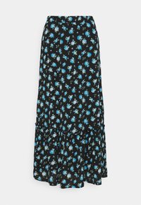 Schwarzer Maxiskirt mit einem floralen Muster aus blauen und weißen Rosen, mit einem gestuften Saum und einem elastischen Bund für zusätzlichen Komfort.