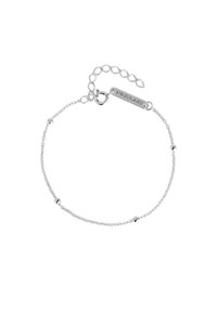 Bracciale in argento con piccole perline rotonde, dotato di chiusura regolabile e di un'etichetta rettangolare incisa con la parola "SINGULAR."