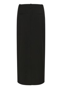 Jupe crayon noire, longueur genoux, en tissu lisse. Dotée d'une taille et de deux poches arrière, avec un design épuré et minimaliste.