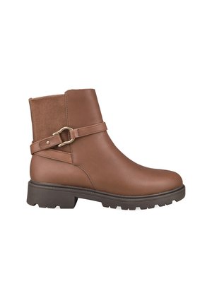 Brown leather ankle boot with textured fabric back, low block heel, and decorative strap with metal buckle on side.