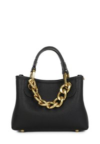 Borsa in pelle nera con finitura texturizzata, caratterizzata da un manico in catena dorata. Forma arrotondata con piedi metallici protettivi.
