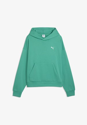 Šviesiai žalias Puma džemperis su kango kišene, ilgomis rankovėmis ir baltu Puma logotipu ant krūtinės, pateiktas ant balto fono.