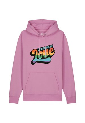 Sweat à capuche rose avec poche avant et texte "Celebrate Love" en couleurs arc-en-ciel sur la poitrine. Cordon de serrage à la capuche.