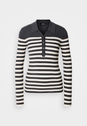 Csíkos, hosszú ujjú pulóver sötétszürke és krém színben, galléros nyakkivágással és gombos elülső résszel. Bordázott textúrával az egész felületen.