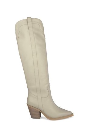 Botte de cowboy haute en cuir beige avec bout pointu et talon en bois empilé, avec des coutures décoratives sur la tige.