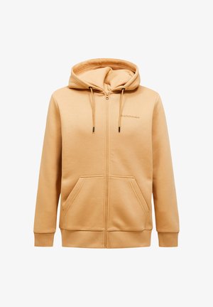 Kapturowa bluza rozpinana w jasnym beżowym kolorze, wykonana z mieszanki bawełny, z logo na piersi, kieszeniami z przodu oraz ściągaczami przy mankietach i dolnej krawędzi.