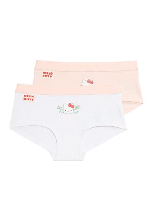 To sæt pigetrusser, den ene lyserosa og den anden hvid med små prikker, hver med et Hello Kitty-ansigt og sløjfe.
