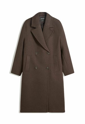 Brown double-breasted wool coat with wide lapels, four buttons, long sleeves, and two front slit pockets, laid flat on white background.