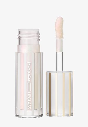 Gloss labbra MAC Lipglass trasparente iridescente con applicatore rimosso dalla bottiglia, contenitore cilindrico a strisce.