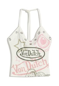 Fehér Von Dutch pánt nélküli topp, fém szemekkel, nyomtatott csillagokkal és rózsaszín és zöld logó felirattal az elején.