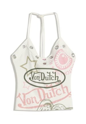 Biela halterská blúzka Von Dutch s kovovými očkami, potlačenými hviezdami a logom v ružovej a zelenej farbe na prednej strane.
