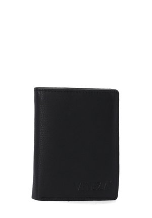 Zwarte leren portefeuille met een gestructureerde afwerking, bi-fold ontwerp en reliëflogo. Compact rechthoekige vorm met ronde hoeken.