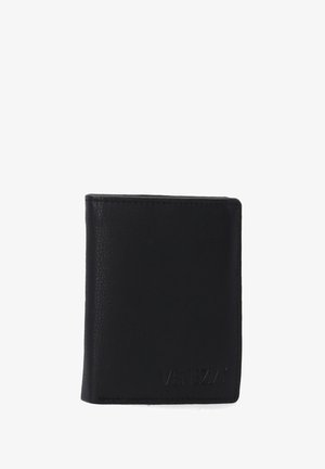 Zwarte leren portefeuille met een gestructureerde afwerking, bi-fold ontwerp en reliëflogo. Compact rechthoekige vorm met ronde hoeken.
