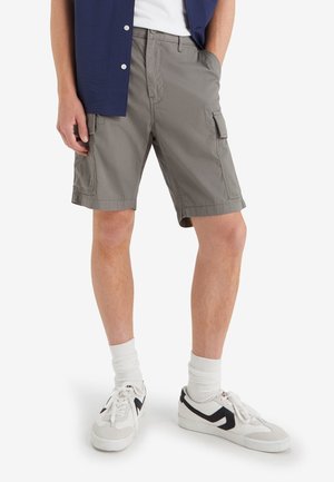 Grijze cargoshorts met twee zijzakken, de stof lijkt glad, gecombineerd met witte sneakers, enkelkousen en een marineblauw shirt.