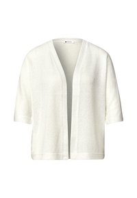 Cardigan blanc en maille, manches courtes, ouvert sur le devant, coupe décontractée et tissu texturé.