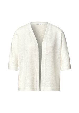 Hvid strikket cardigan med korte ærmer, åben foran, afslappet pasform og tekstureret stof.