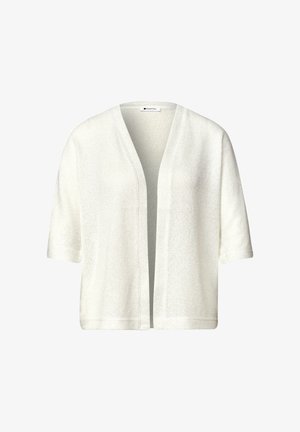 Cardigan blanc en maille, manches courtes, ouvert sur le devant, coupe décontractée et tissu texturé.