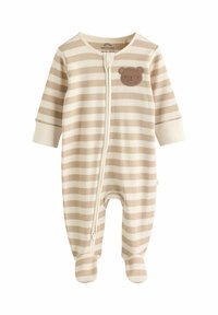 Pelele de bebé a rayas beige y blancas con mangas largas, piernas con pies, cremallera frontal y una pequeña aplicación de cara de oso marrón en el pecho.