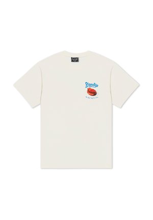 Krótki rękaw koszulki w kolorze kremowym z niewielką grafiką kanapki i napisem "Ripndip" w kolorze niebieskim na lewej piersi.