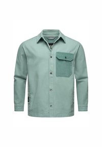 Mintgroen overhemdjack met knoopsluiting aan de voorkant, lange mouwen en een corduroy borstzak. Glad textuur overal.