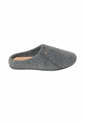 Graue, bequeme Slipper ohne Knöchel mit einem niedrigen Rückenteil, beige Innensohle, dekorativer Naht und einem kleinen runden Metallakzent oben.
