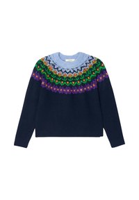 Pull en tricot avec un col rond, corps bleu marine foncé, et un motif Fair Isle multicolore en violet, vert, orange et bleu clair.