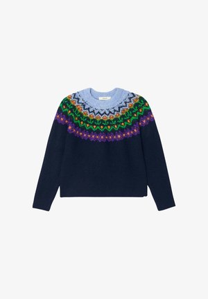 Pull en tricot avec un col rond, corps bleu marine foncé, et un motif Fair Isle multicolore en violet, vert, orange et bleu clair.