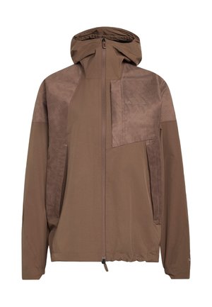 Giacca marrone con cappuccio, pannello testurizzato sulla parte superiore anteriore, cerniera a tutta lunghezza, orlo elastico e tasche laterali. Tessuto liscio su tutta la superficie.