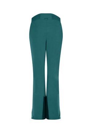 Teal, wijde broek met een gestructureerde tailleband, zijslits aan de zoom en een gladde afwerking. Geschikt voor casual of actieve kleding.