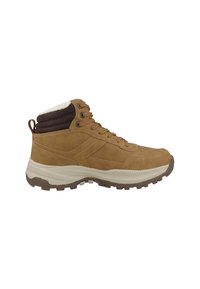 Botas altas de cuero marrón que presentan un collar texturizado marrón, un forro interior blanco y una suela de goma gris resistente con profundas ranuras.