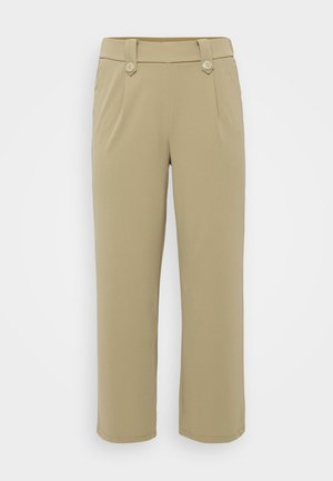 Khaki trousers with a smooth texture, wide-leg cut, two front pockets, and two button accents at the waist. Flat front design.