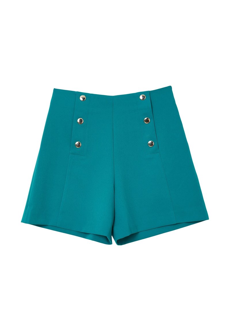 Shorts alti in teal realizzati in tessuto liscio, con dettagli in bottone metallico e due tasche frontali; rifiniti con linee pulite.