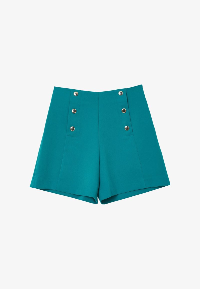 Shorts alti in teal realizzati in tessuto liscio, con dettagli in bottone metallico e due tasche frontali; rifiniti con linee pulite.