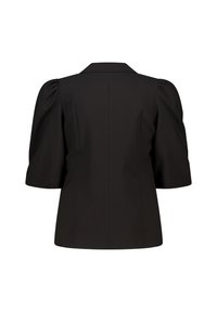 Blouse noire à manches bouffantes avec un design structuré, dotée d'un col, d'une texture lisse et d'une coupe ajustée. La vue arrière montre les détails des coutures.