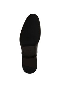 Schwarze Gummisohle mit strukturiertem Oberflächen, leicht geschwungener Form und eingraviertem Markendetail. Eignet sich für formelle und legere Kleidung.