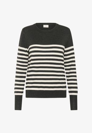 Suéter a rayas en gris oscuro y blanco, de cuello redondo, de manga larga, con rayas horizontales y puños y dobladillo acanalados. Material de punto suave.