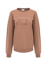 Felpa marrone in tessuto morbido con scollatura rotonda, maniche lunghe e un design del logo che presenta un motivo circolare sul davanti.