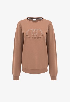 Felpa marrone in tessuto morbido con scollatura rotonda, maniche lunghe e un design del logo che presenta un motivo circolare sul davanti.
