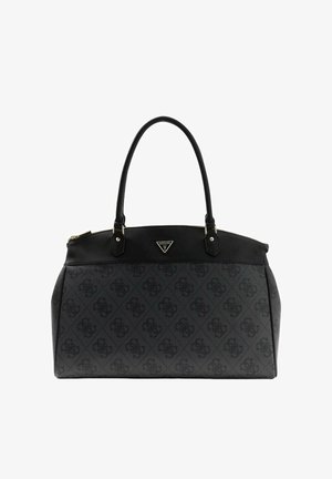 Sac à main noir avec un motif en losanges et une finition texturée. Dispose de deux poignées et d'une plaque de logo sur le devant. Fermeture supérieure zippée.