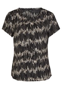 Blouse noire à manches courtes avec un motif abstrait de rayures verticales beige et blanches et de légers fronces au niveau de l'encolure.