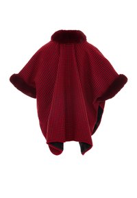 Rød og sort houndstooth poncho med høj krave, faux pels kant og åbne sider. Tekstureret stof med en blød indvendig foring.