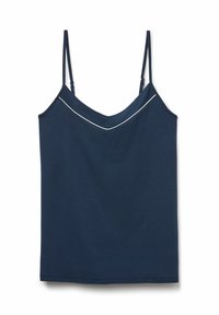 Mörkblå ärmlös topp med v-ringning, prydd med vit kantning längs sömmarna. Tillverkad av ett mjukt tyg, med tunna justerbara axelremmar.
