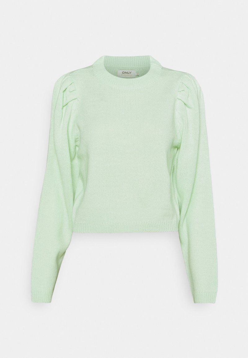 Pull tricoté vert clair à manches longues avec épaules bouffantes et col rond, présenté sur un fond uni.