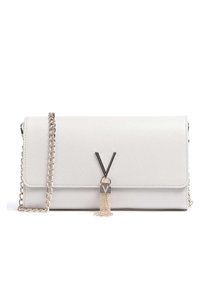 White leather clutch purse with a textured finish. Features a silver chain strap, metallic lock accent, and a tassel detail.