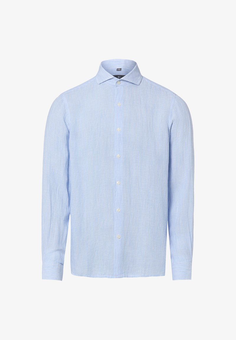 Chemise habillée pour homme à manches longues bleu clair avec fines rayures blanches verticales, boutonnière à l'avant et col classique.