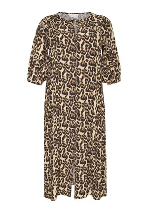 Leopardenmusterkleid in Beige und Braun, mit rundem Ausschnitt, dreiviertel Puffärmeln und einem vorderen Schlitz für Bewegungsfreiheit.